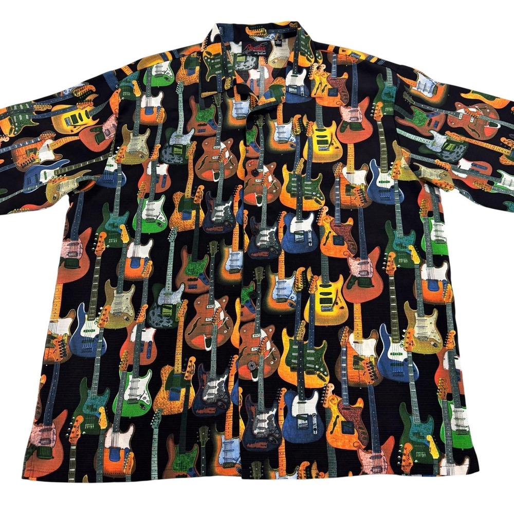 Fender Shirt Mens Large Multicolor Guitar Print Button Up Hawaiian Rock Music